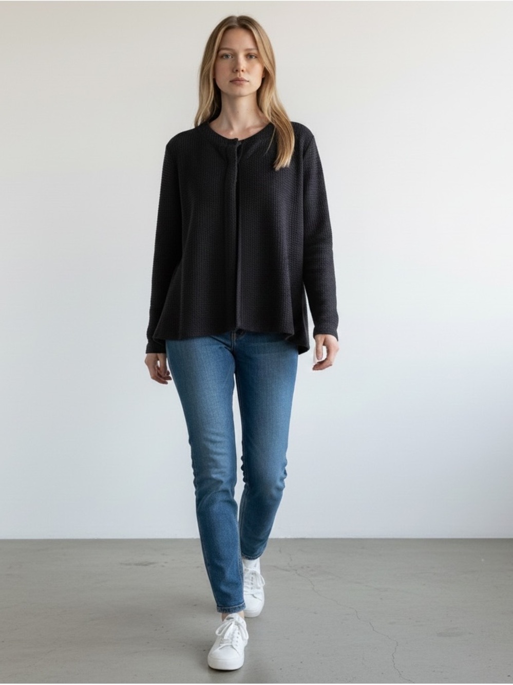 Eileen Fisher Waffle Knit Black Cardigan Button Front M